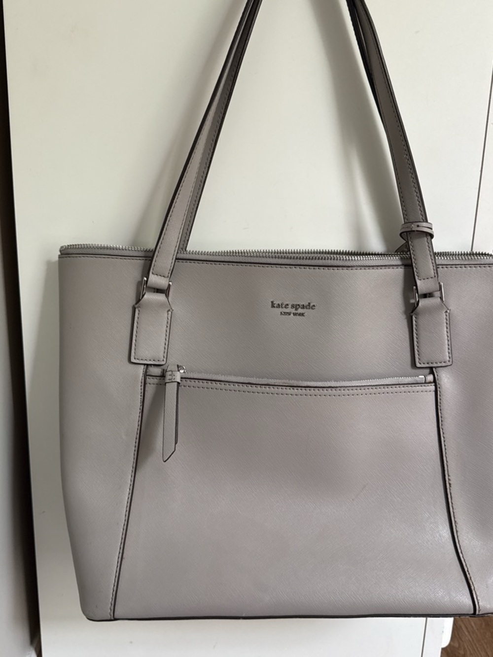 kate spade gray leather tote with front zip pocket
